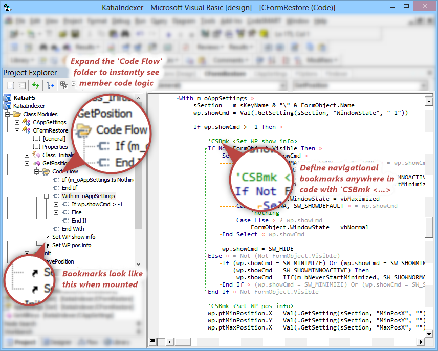 CodeSMART for VB6 - Displaying regions and bookmarks in the CodeSMART Project Explorer