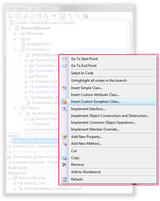 The CodeSMART Code Explorer Popup Menu